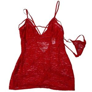 In Bloom By Janquil Red Teddy Lingerie Cage Strappy Bra Top Slip Matching Thong